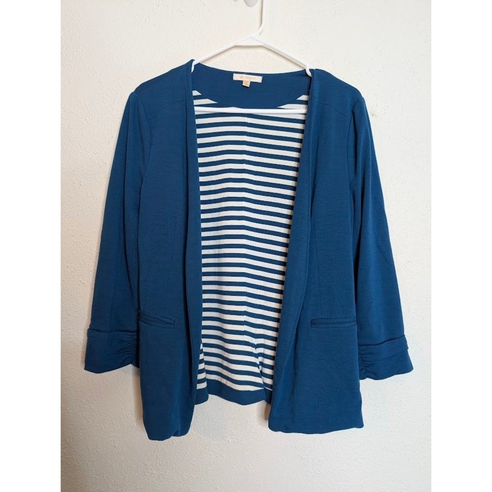 Skies Are Blue Womens M Blue Ruched Sleeve‎ Blazer Jacket Work Career Stretch